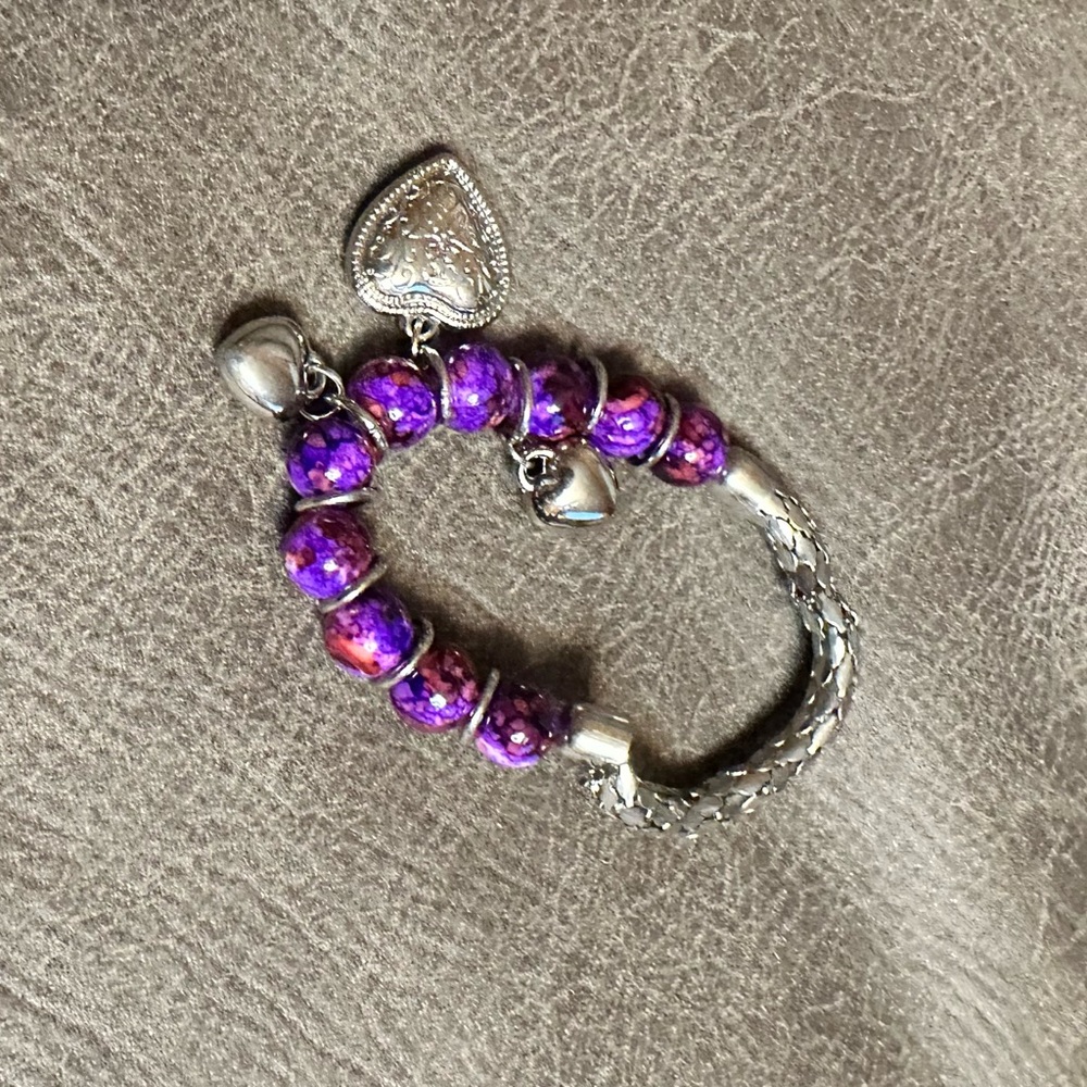 Purple and Silver Beaded Bracelet with Modern Design
